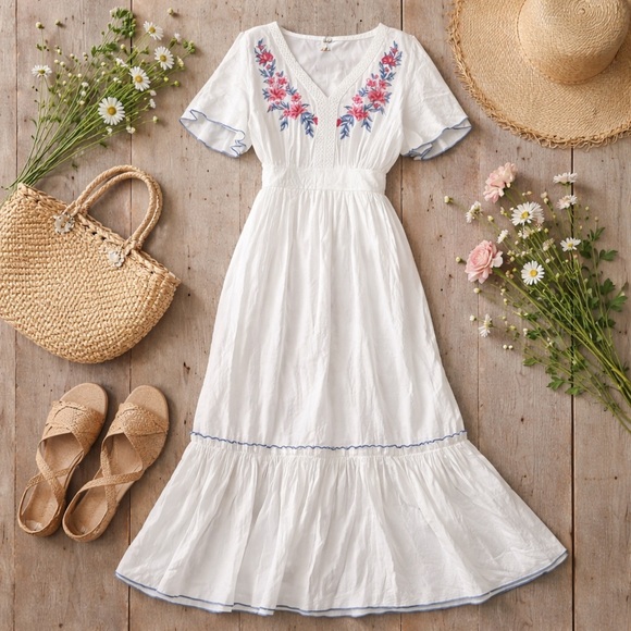 Flying Tomato Dresses & Skirts - Flying Tomato Embroidered White Maxi Dress | Boho Cottagecore Floral Midi/Maxi